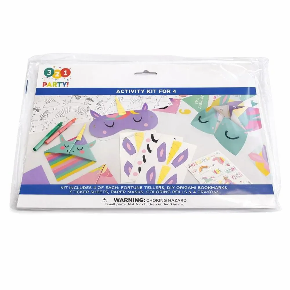 3•2•1 Party Unicorn Activity Kit for 4 Kids DIY Origami Coloring Stickers Masks